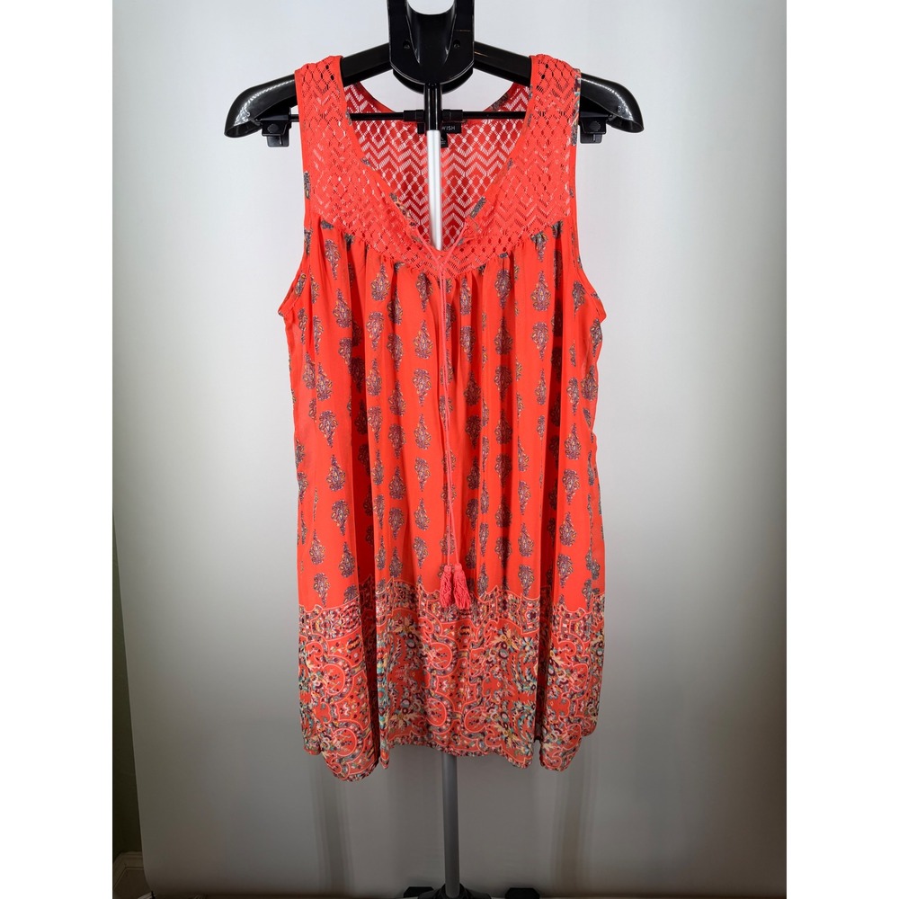 As U Wish Womens Coral Orange Crochet Lace‎ Yoke Paisley Tassel Boho Dress L